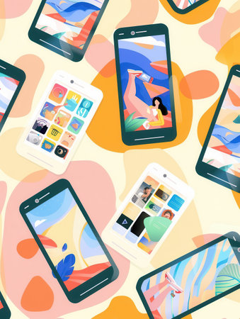 Multiple smartphones showcase engaging stories and short clips against a cheerful, artistic background, inviting connection and creativity.の素材