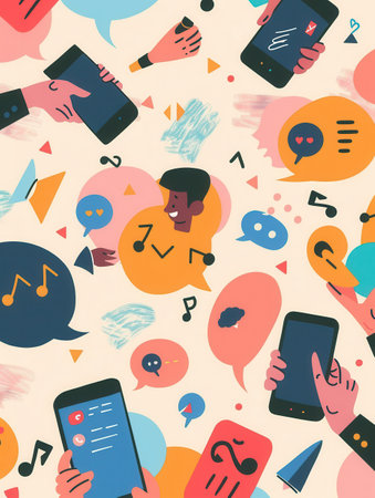 Colorful graphics illustrate hands holding mobile devices engaged in interactive polls and surveys, enhancing social media participation.の素材