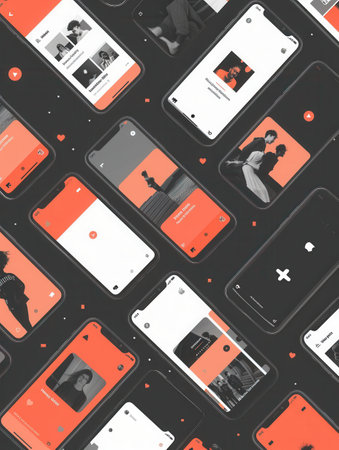 Multiple smartphone screens are open, showcasing engaging stories and short videos during a relaxed evening gathering.の素材