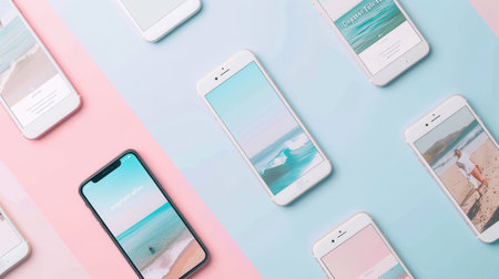 Multiple smartphones showcase vibrant stories and short clips highlighting stunning ocean views and beach activities.の素材