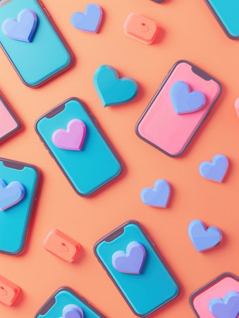 Smartphone screens adorned with colorful heart icons are creatively arranged on a vibrant orange background, enhancing digital interaction.の素材