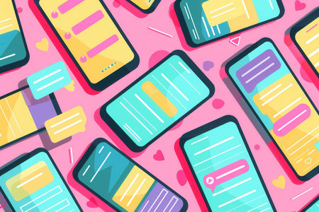 Smartphones arranged on a bright surface showcase engaging stories and short videos, highlighting vibrant digital interactions.の素材
