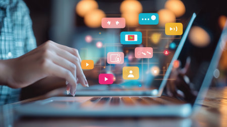 A person uses a laptop to participate in interactive polls and surveys, surrounded by soft lighting and a lively atmosphere.の素材