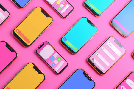 Multiple smartphones showcase various apps and short videos on vibrant screens, all arranged over a bright pink backdrop.の素材