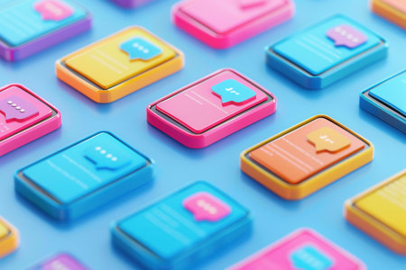 Multiple smartphone screens showcase captivating stories and short clips against a bright background, inviting user engagement.の素材