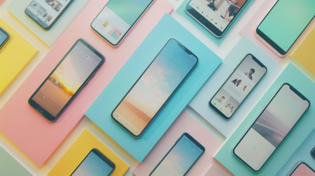 Multiple smartphones showcase engaging stories and short clips on pastel backgrounds, highlighting modern digital content trends.の素材