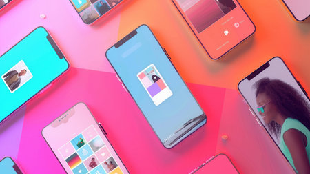 Smartphones are showcasing vibrant stories and short clips, creating a lively atmosphere filled with digital creativity and entertainment.の素材