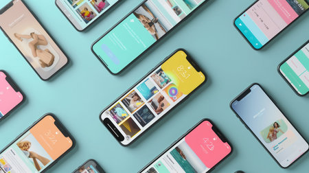Multiple smartphones showcase engaging short clips and stories, arranged aesthetically on a vibrant teal surface for viewer exploration.の素材