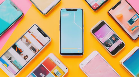 Multiple smartphones are showcasing stories and short videos against a colorful backdrop, highlighting modern digital communication.の素材