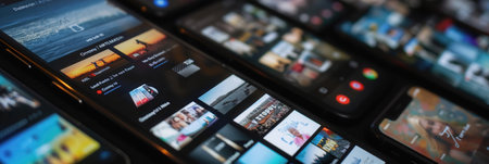 Multiple smartphone screens illuminate the space with engaging stories and short videos shared among friends during a relaxed evening.の素材