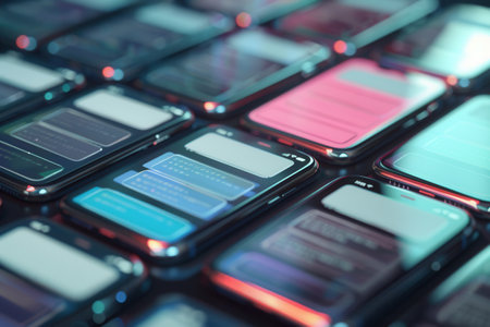 Several smartphones are arranged closely together, showing colorful stories and short videos that captivate the viewer's attention.の素材