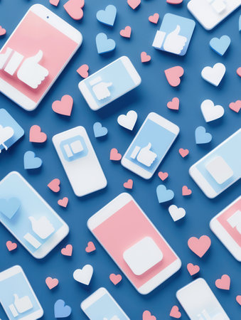 Smartphones featuring love and like icons are spread across a blue backdrop, symbolizing online interactions and social media engagement.の素材