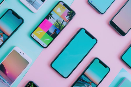 Smartphones arranged on a pastel backdrop show vibrant stories and short clips, highlighting a digital content creation moment.の素材