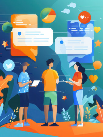 Three individuals interact with digital devices, exploring interactive surveys and polls within a vibrant social media environment.の素材