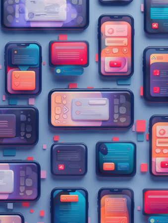 Multiple smartphone screens showcase various stories and short videos, creating a colorful digital collage against a blue backdrop.の素材