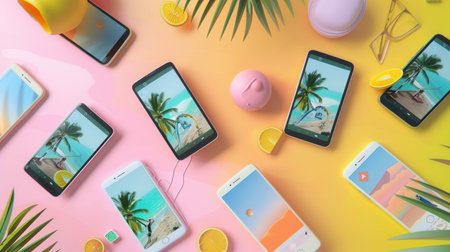 Colorful smartphones show engaging stories and short clips set against vibrant backgrounds with tropical decorations.の素材