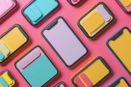 Multiple smartphone screens showcase lively stories and short videos, arranged aesthetically on a bright pink surface.の素材