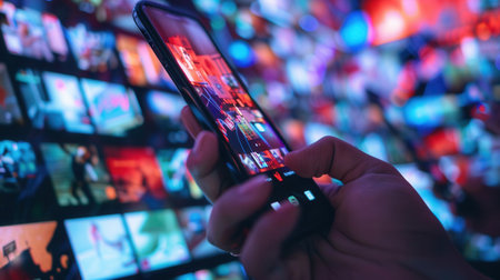 A user engages with a smartphone showcasing stories and short clips against a backdrop of colorful digital displays and vibrant visuals.の素材