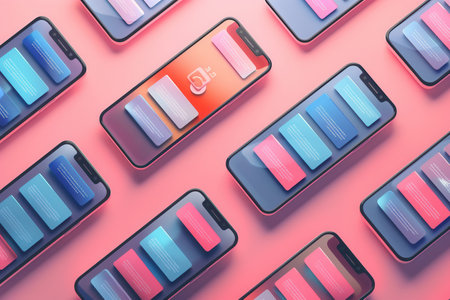 Multiple smartphones showcase colorful stories and dynamic short videos, emphasizing the influence of digital content on social interactions.の素材