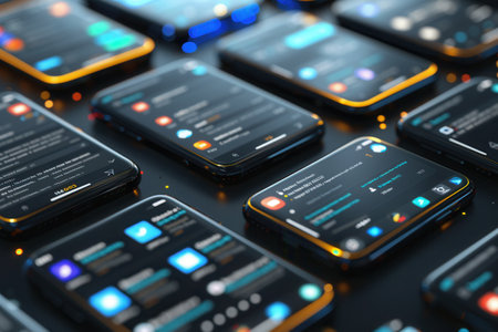 A collection of smartphones lit up in the dark, showcasing engaging stories and short videos from social media platforms.の素材