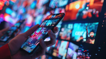 Multiple smartphones are actively showing colorful stories and clips, reflecting a dynamic interaction with digital content.の素材