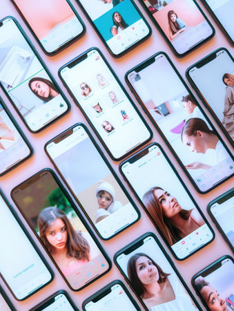 Multiple smartphone screens showcase stories and short videos featuring diverse content in a colorful and engaging layout.の素材