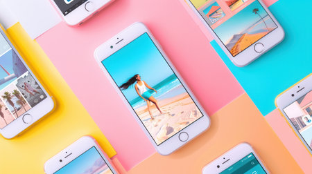Multiple smartphones showcase engaging short stories and vibrant videos featuring beach activities and scenic views in a playful layout.の素材