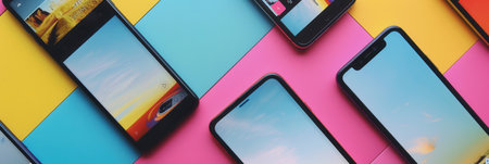 Several smartphones showcase dynamic stories and brief videos against a backdrop of colorful surfaces, emphasizing digital engagement.の素材