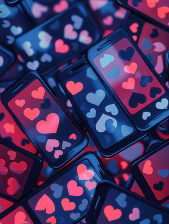 Multiple smartphones showcase colorful like and comment icons, illustrating digital connections and interactions in modern communication.の素材