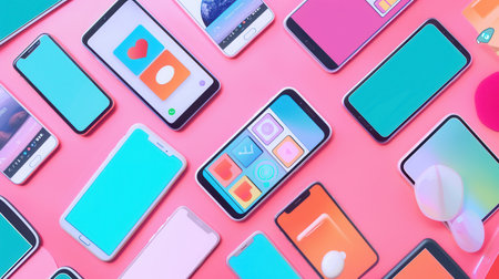Smartphones arranged with bright screens showing numerous stories and short videos against a colorful, vibrant setting.の素材
