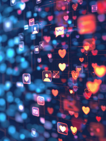 Colorful icons representing likes and comments overlay smartphone screens, symbolizing online engagement in social media interactions.の素材