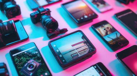 A collection of smartphones showcases various stories and short videos in a vibrant social setting, creating an engaging atmosphere.の素材