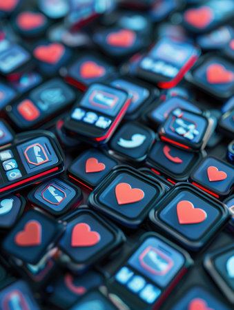 Multiple smartphone screens are covered with like and comment icons, illustrating engagement in social media interactions online.の素材