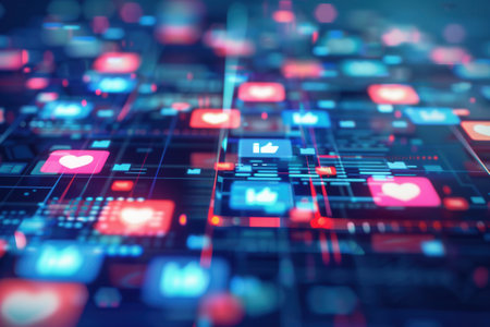 Smartphone screens show numerous likes and comment icons, illustrating digital interactions on social media platforms.の素材