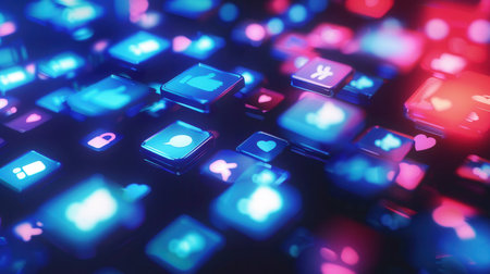 Smartphone screens glow with various social media icons, showcasing the lively interaction of likes and comments during nighttime.の素材