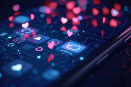 A smartphone screen illuminated by like and comment icons, surrounded by floating heart reactions in a dimly lit environment.の素材
