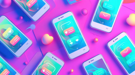 Numerous smartphones showcase varied stories and short clips in a colorful arrangement, highlighting an engaging digital landscape.の素材