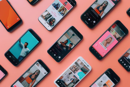 Various smartphones show engaging content with short videos and stories during a collaborative social media planning meeting.の素材