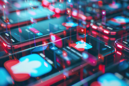 Multiple smartphones illuminated with social media icons, showing likes and comments, highlighting user interaction in a virtual space.の素材