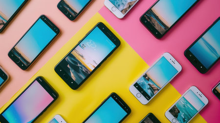 Smartphones are artistically placed on bright backgrounds, showing an array of captivating stories and engaging short videos.の素材