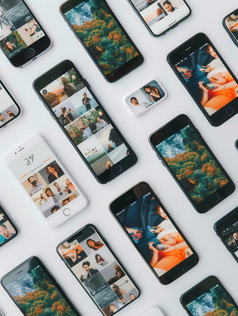 Numerous smartphones showcasing open stories and short videos are arranged on a flat surface, highlighting digital interaction trends.の素材
