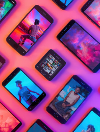 Several smartphones showcase an array of vibrant short videos and stories, creating a visually striking digital experience.の素材