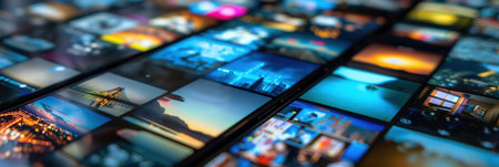 Smartphones showcase a diverse array of captivating stories and short clips, capturing moments that entertain and inform users.の素材