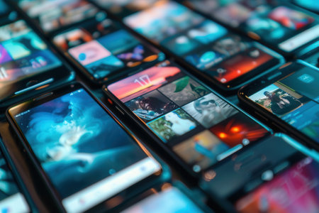 A collection of smartphones showcases bright stories and short clips, reflecting engaging content during a lively evening gathering.の素材