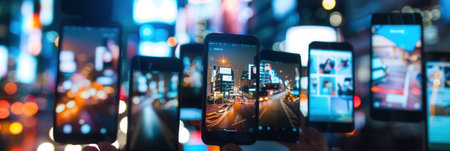 Multiple smartphone screens display engaging stories and short clips against a lively city backdrop filled with bright lights.の素材
