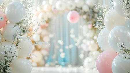 A beautiful wedding ceremony is decorated with white and pastel balloons, creating a romantic atmosphere filled with delicate flowers.の素材