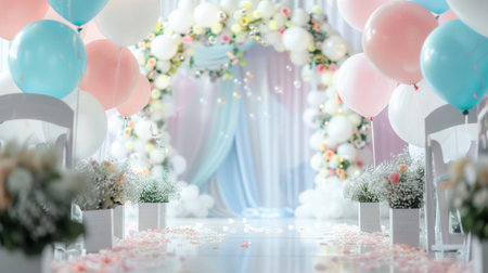 Delicate white and pastel balloons adorn a charming wedding ceremony aisle, creating a romantic and festive ambiance for guests.の素材