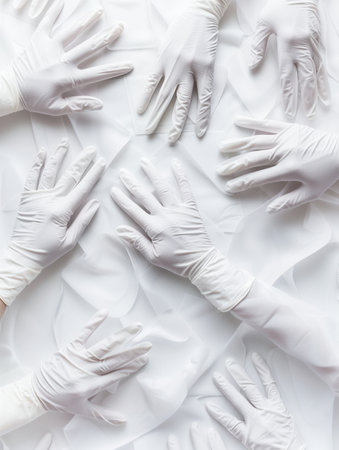 A collection of sterile medical gloves is placed neatly against a clean white background, ensuring safety and hygiene for medical tasks.の素材