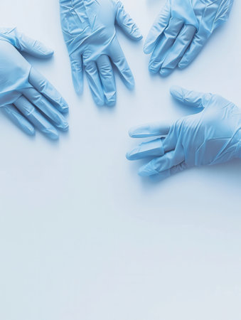 Four pairs of sterile medical gloves are arranged on a white background, highlighting their readiness for use in clinical procedures.の素材
