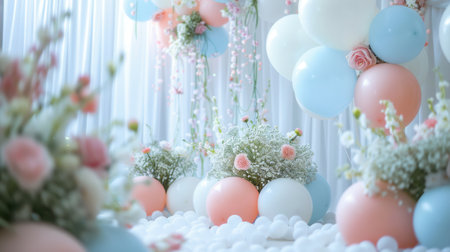 Delicate white and pastel balloons adorn the venue, enhancing the romantic setting for a beautiful spring wedding celebration.の素材